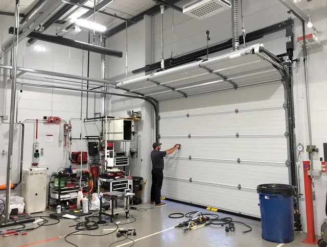 Millbury Garage Door Repair certified technician performing commercial door repair at a Millbury business facility