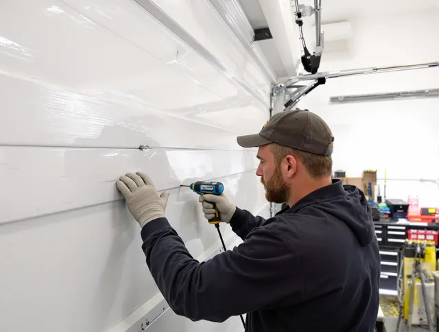 Millbury Garage Door Repair technician demonstrating precision dent removal techniques on a Millbury garage door