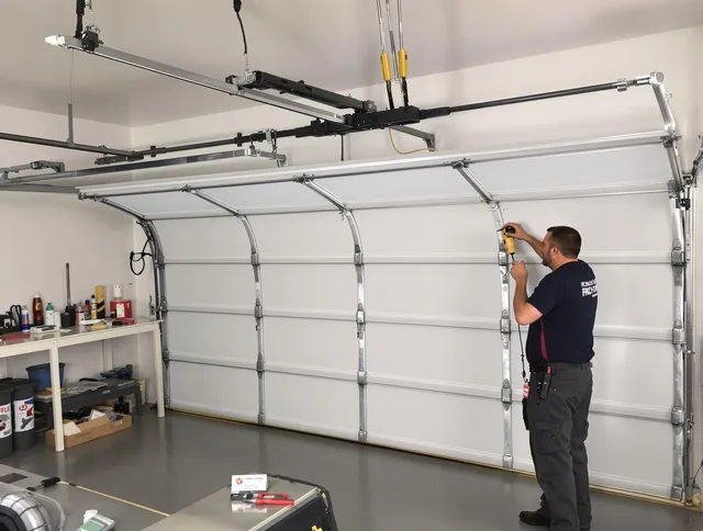 Millbury Garage Door Repair certified technician performing overhead door system repair in Millbury