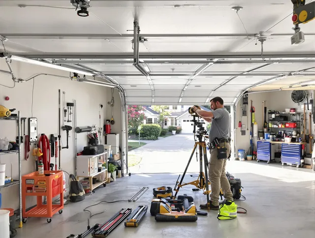 Millbury Garage Door Repair specialist performing laser-guided track alignment in Millbury